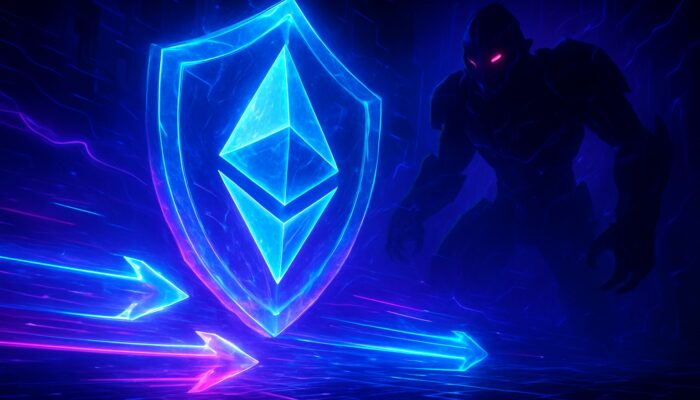 Cyberpunk setting featuring glowing Ethereum transactions shielded by crystalline layers from elusive MEV bots in vibrant neon hues.