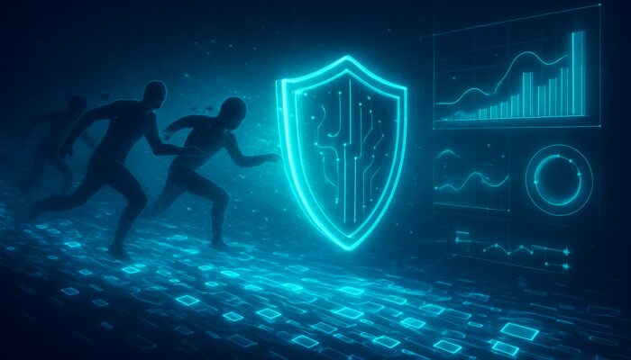 A digital shield preventing MEV front-runners from blockchain transactions, illustrated with holographic resilience metrics in a neon void.