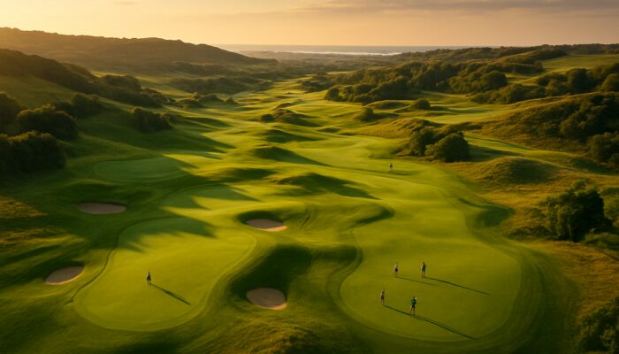 Aerial view of Newcastle Golf Club's lush 18-hole course with manicured fairways and scenic hills in sunlight.