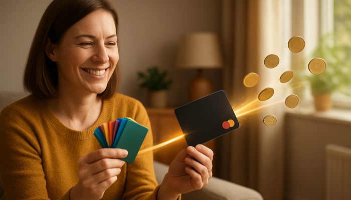 Happy British shopper combines vibrant store cards into one sleek low-interest card with flowing coins in a comfortable UK living room.