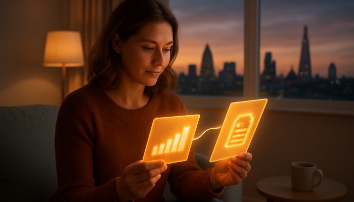 British shopper merges glowing store cards into a consolidation loan with interest charts in London flat at dusk