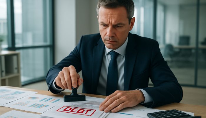 Restructuring Business Debts Before New Funding | DCL UK executive stamping priority debts on loan papers amid financial charts in modern office