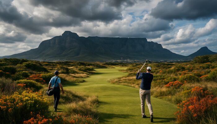Golfers on a windswept fynbos fairway at Table Mountain, Cape Town, under dramatic coastal skies.