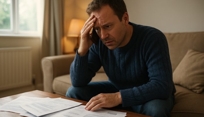 What Happens if One Partner Stops Paying: Mortgage Advice | DCL Stressed British homeowner urgently contacts mortgage lender amidst scattered papers in a comfortable living room.