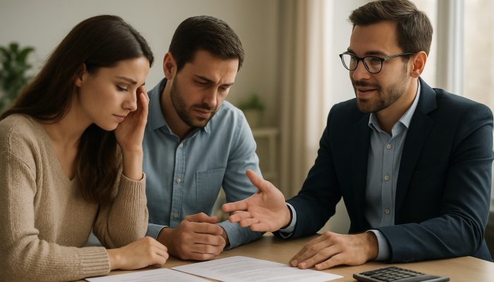 What Happens if One Partner Stops Paying: Mortgage Advice | DCL Financial advisor reassuring concerned couple as they review debt papers in a tranquil office setting