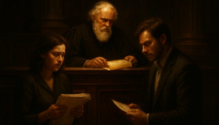 What Happens if One Partner Stops Paying: Mortgage Advice | DCL Judge reviews scrolls while couple holds mortgage documents in an ornate courtroom.