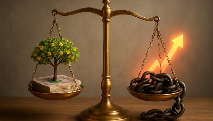 Golden balance scale weighing savings trees against debt chains with UK banknotes and interest arrows.
