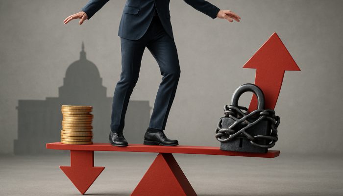Individual balancing savings coins against mortgage chains on a seesaw of rising interest rates by Bank of England
