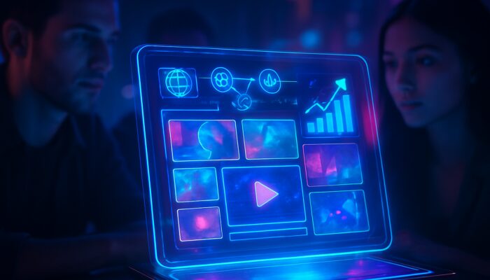 Cyberpunk holographic tablet showcasing glowing video playlists with rising metrics and topic icons.