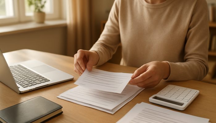 Engaging with Credit Unions About Your Financial Situation | DCL Individual organising payslips and financial documents on a sunlit home office desk with laptop as part of credit union preparation.