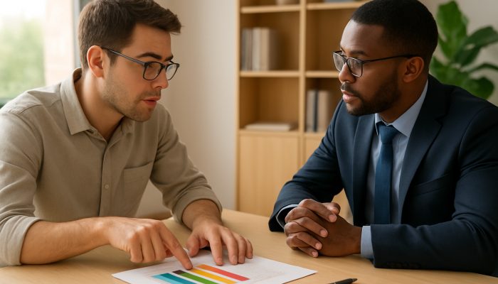 Engaging with Credit Unions About Your Financial Situation | DCL Borrower points to a colourful debt interest rate chart while negotiating repayment with advisor in a sunlit office.