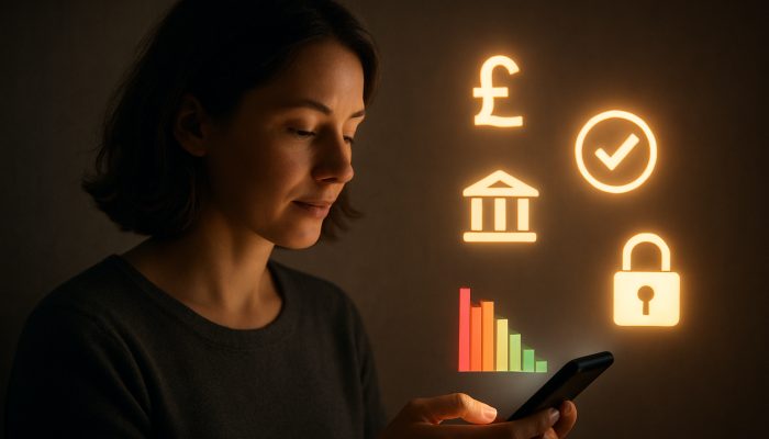 Blocking Apps and Sites During a Debt Plan: Essential Advice | DCL Individual reviewing smartphone with UK debt management applications, banking links, and colourful expenditure graphs illustrating financial independence.