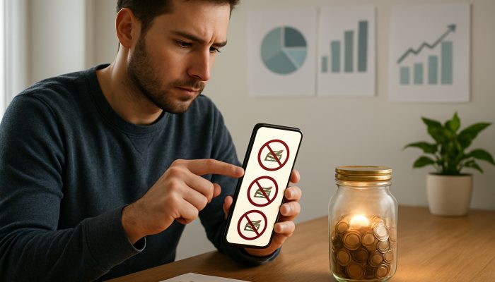 Determined individual configuring mobile app to block retail websites near a glowing savings jar and debt charts